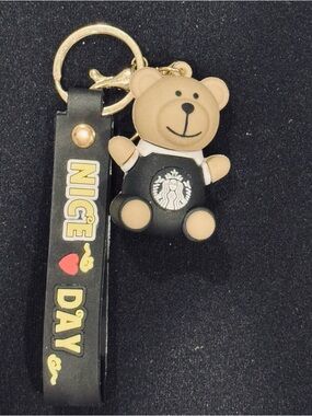 Starbucks Tan Bear Keychain with Black 'Nice Day' Strap